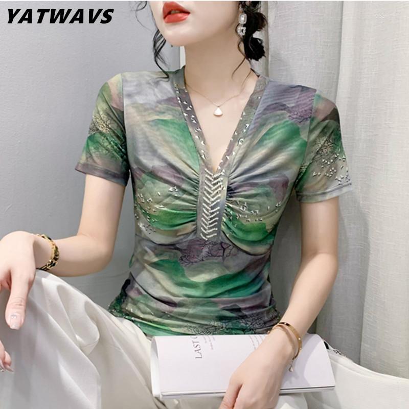 

Women' T Shirts Fashion Summer European Women Pleated Beading Sexy V-Neck T-Shirt Chic Landscape Print Short Sleeve Female Mesh Tees Tops, Picture color