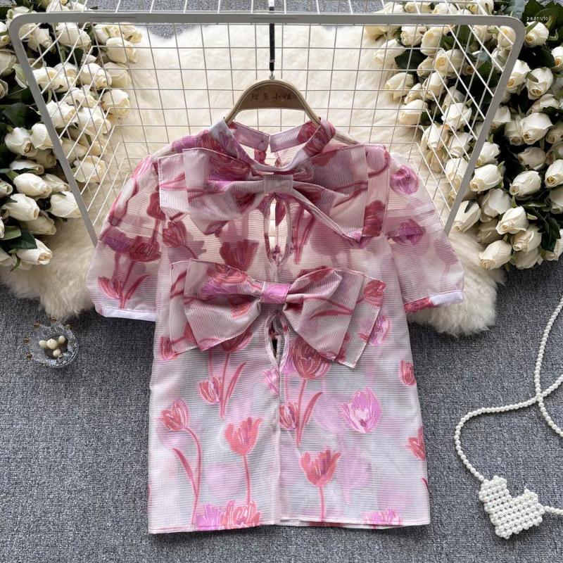 

Women's Blouses Summer Vintage Print Jacquard Bow Organza Shirt Tops Women's Sexy Perspective Hollow Out Back Lace-Up Puff Short Sleeve, Green