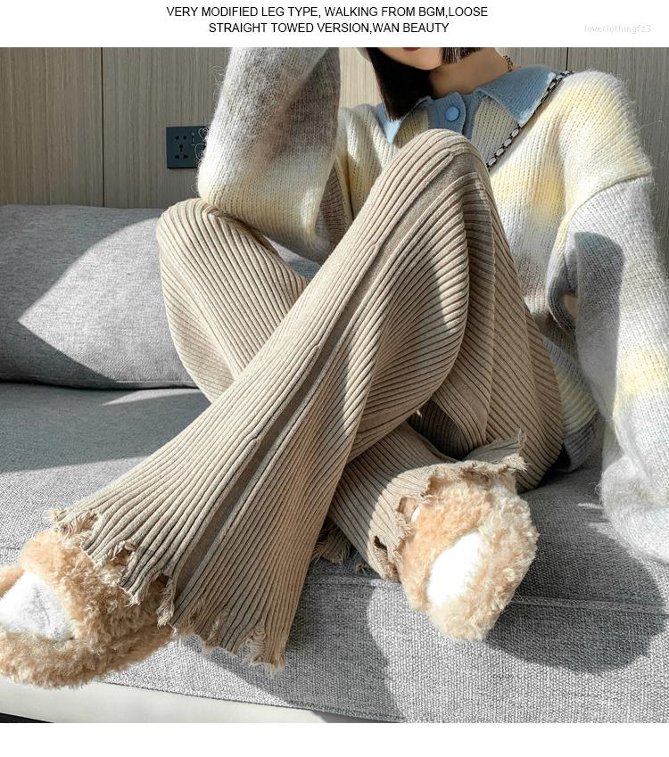 

Women' Pants Tassels Wide Leg Knitted Women Winter Chic Stripe Loose Trousers Femme Casual Full Length Warm Sweater 2023, Beige