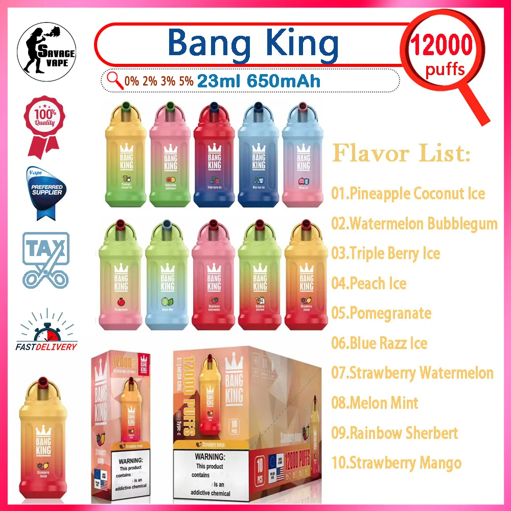 

original Bang king 12000 puffs Bar Disposable E cigarettes vape pen puff 12k 20ml pre-filled cartridges pods vapes 600mAh recharger battery mesh coil bars 0% 2% 5% vapers
