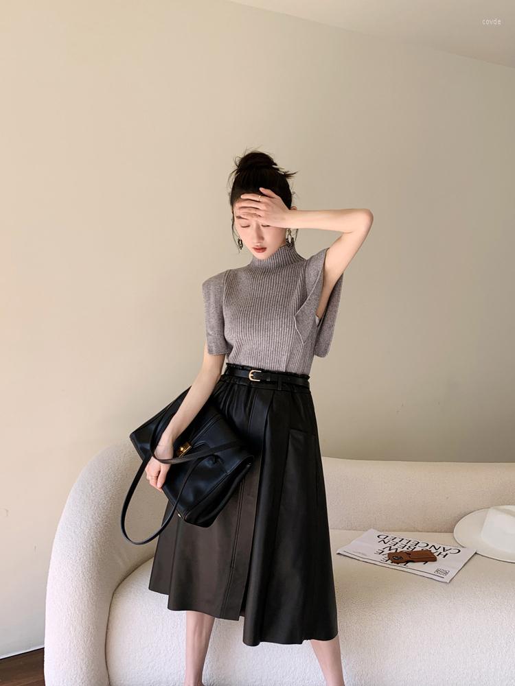 

Skirts 2023 Autumn Genuine Leather Skirt Sheepskin Mid-length Pleated Fashion Slim-fit And Thin, Black
