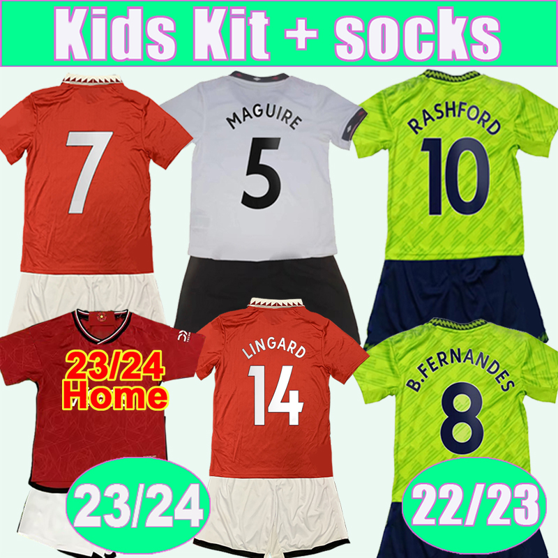 

2023 24 POGBA RASHFORD Kids kit Soccer Jerseys 22 23 CAVANI MATA MARTIAL MATIC LINGARD B. FERNANDES Home Away 3rd Child Suit Football Shirts, Tz8674 22 23 home no socks