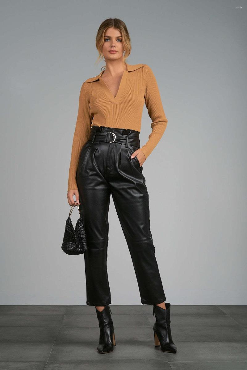 

Women' Pants GPBD 2023 Women Street Casual Style Long Buttons High Waist Pockets Pure Color Leather Straight Leg, Black
