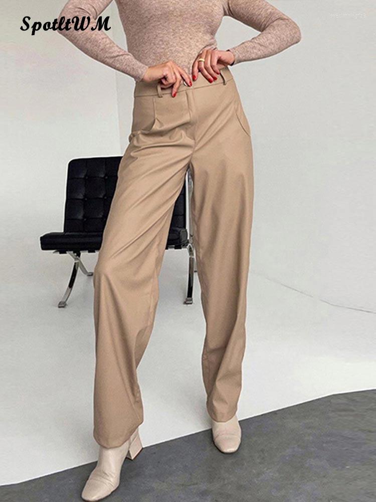 

Women' Pants Vintage Khaki PU Leather Fashion Women Casual Loose High Waist Chic Trousers 2023 Female Elegant Baggy Straight