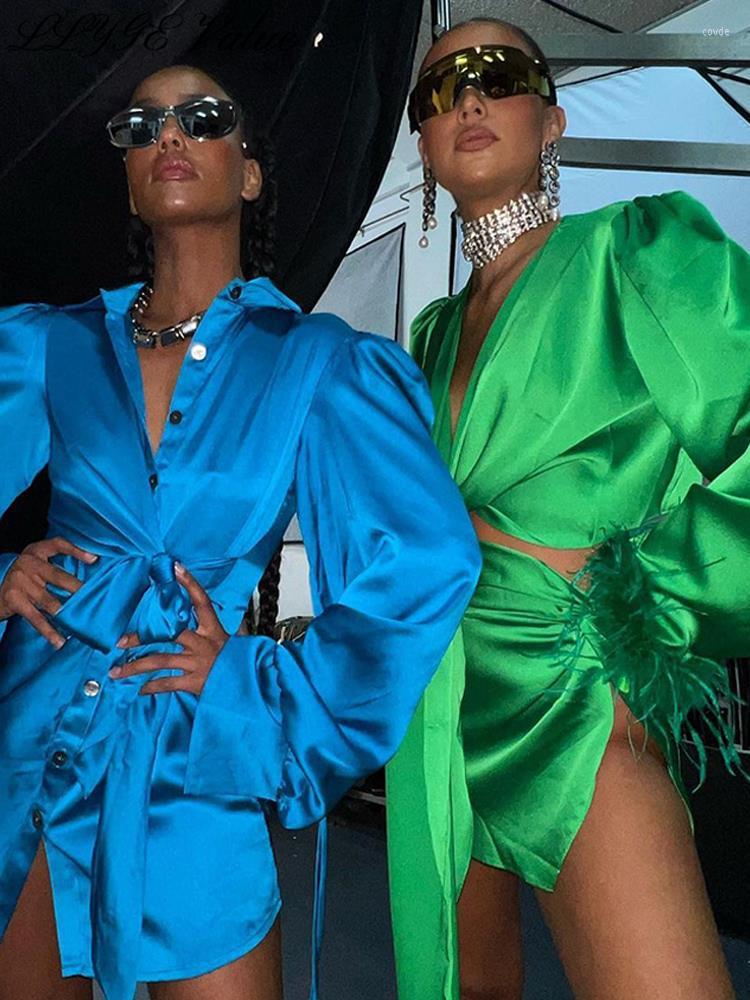 

Work Dresses Feather Satin Women Mini Skirt Suit Sexy Lace-up Flare Sleeve Crop Tops Split Skirts Lady Two Piece Sets 2023 Spring Female Set, Orange