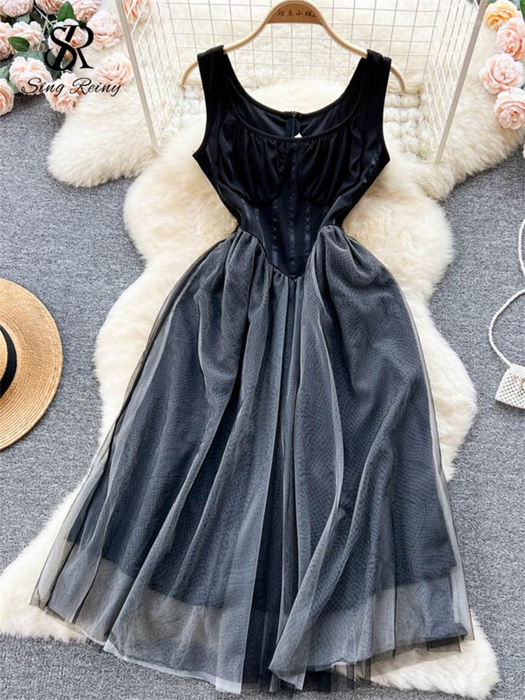 

Casual Dresses SINGREINY Fashion Streetwear Corset Beach Long Dress Zipper Design Slim A Line Mesh Sundress Korean Retro Party Maxi, Black