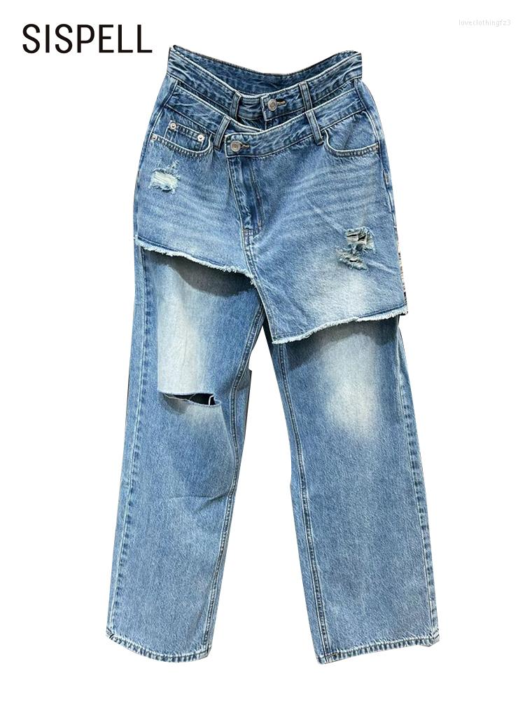 

Women' Jeans SISPELL Hole Denim Trousers For Women High Waist Patchwork Pockets Straight Wide Leg Female Summer 2023 Fashion Clothing, Aspicture