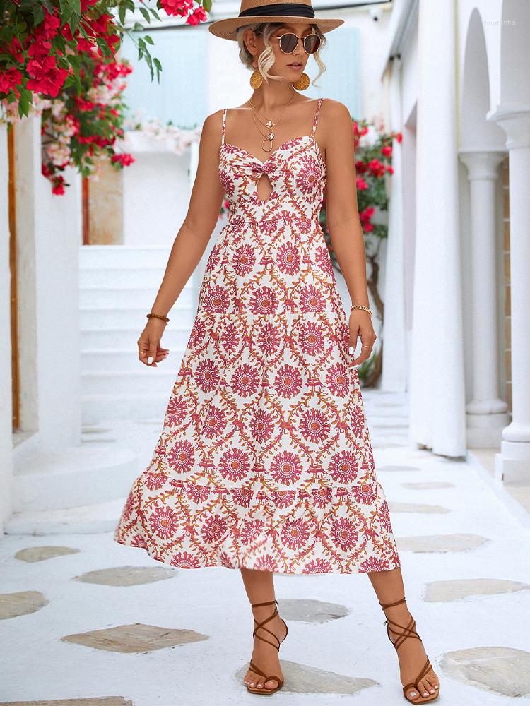 

Casual Dresses Summer Boho Dress For Women Fashion Floral Print Sleeveless Backless Sexy Long Ladies Holiday Party Beach Vestidos, Red