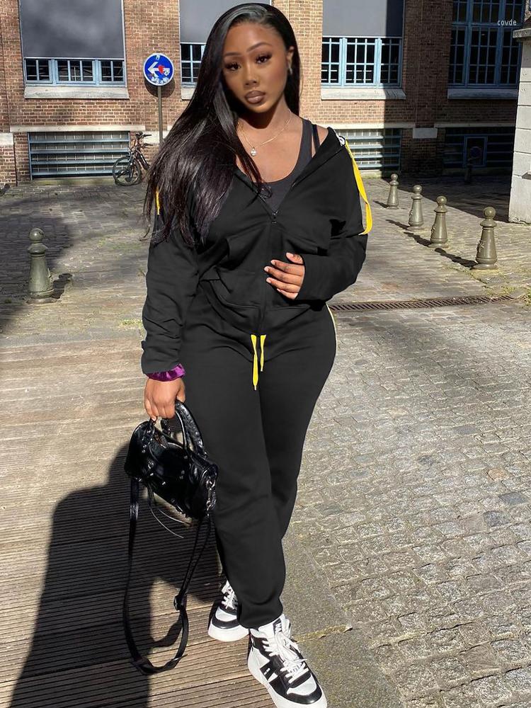 

Women' Two Piece Pants Active Zipper Up Hooded Long Sleeve Jackets Tops And Drawstring Waist Outdoor Sport Casual Women Jogging Suits, Black