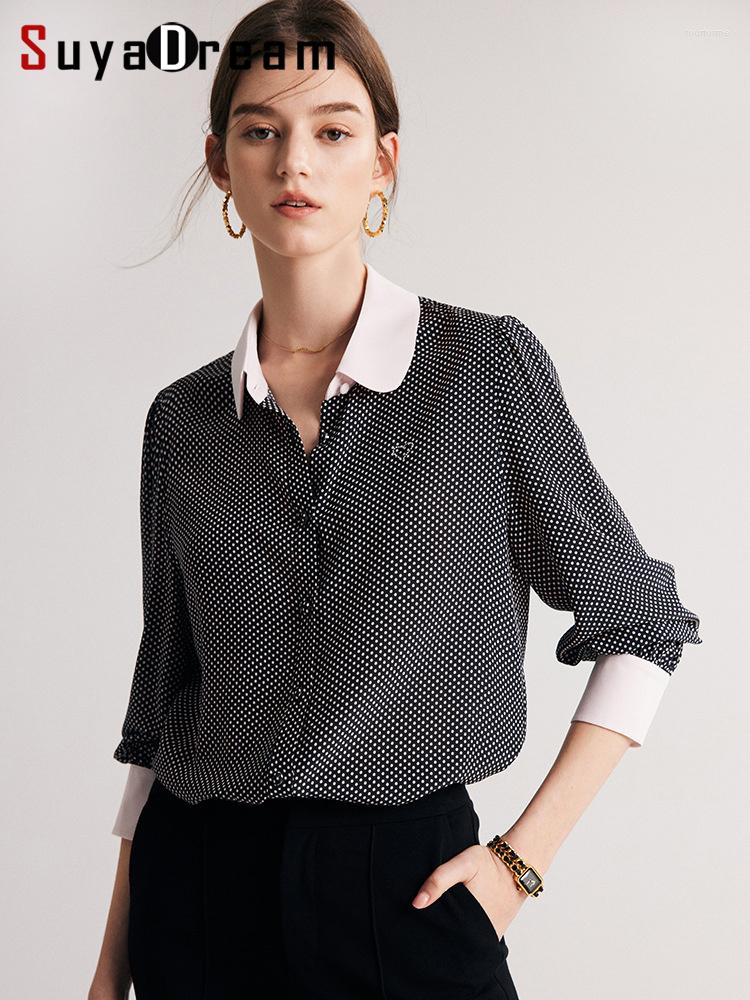 

Women's Blouses SuyaDream Women Dots Shirts Silk Crepe De Chine Single Breasted Black Chic 2023 Spring Summer Office Lady Top
