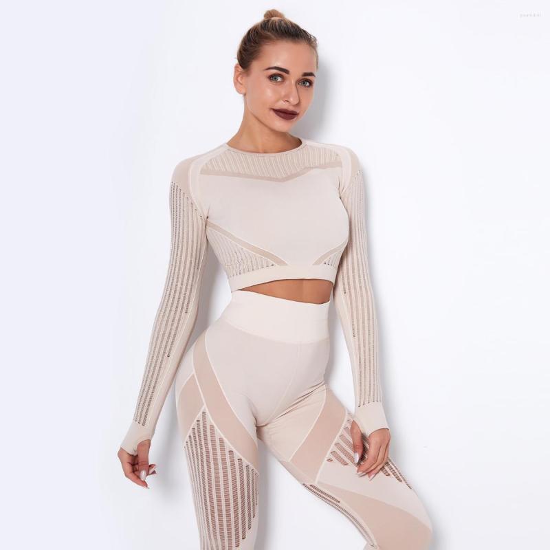 

Women's Two Piece Pants CNACNOO Sports Tight-fitting Hollow Plastic Coat Quick-drying Running Yoga Seamless Fitness Long Sleeve Top, F only top