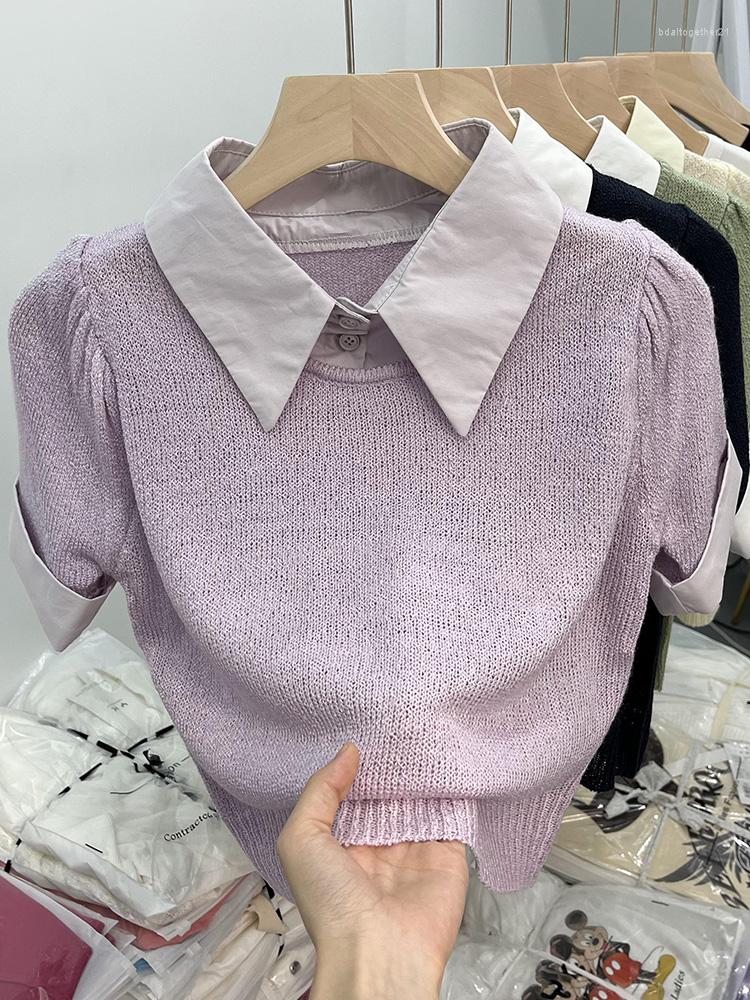 

Women' T Shirts 2023 Summer Harajuku Vintage Polo Collar Violet Women' Patchwork Knitted Short Sleeve Thin Kpop Tshirt Crop Top Girls, Black