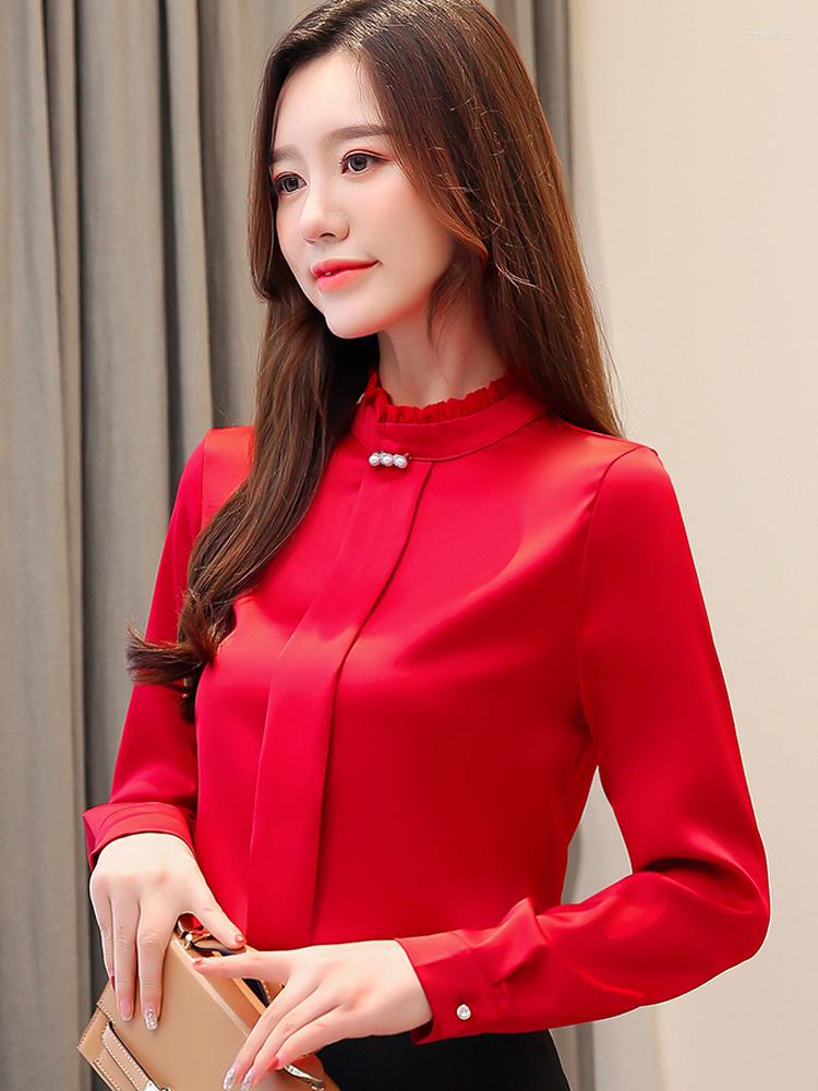 

Women' Blouses Autumn Long Sleeve Blouse Women Beading Stand Collar Shirt Tops Blusas Mujer De Moda 2023 Shirts Blusa G265, Green