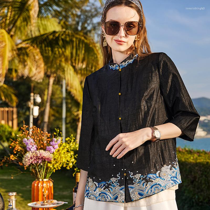 

Women' Jackets High-End Chinese Style Retro Embroidery Silk Top Women' Spring And Summer Three Quarter Sleeve Watered Gauze Jacket, Black