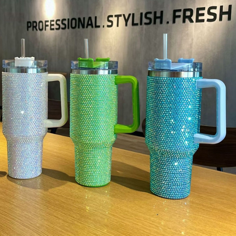

40oz Glitter Blank Sublimation Shimmer Rhinestones Studded Tumbler Insulated Mug With Handle For Hot Print Stainless Steel Cup JN02, Black