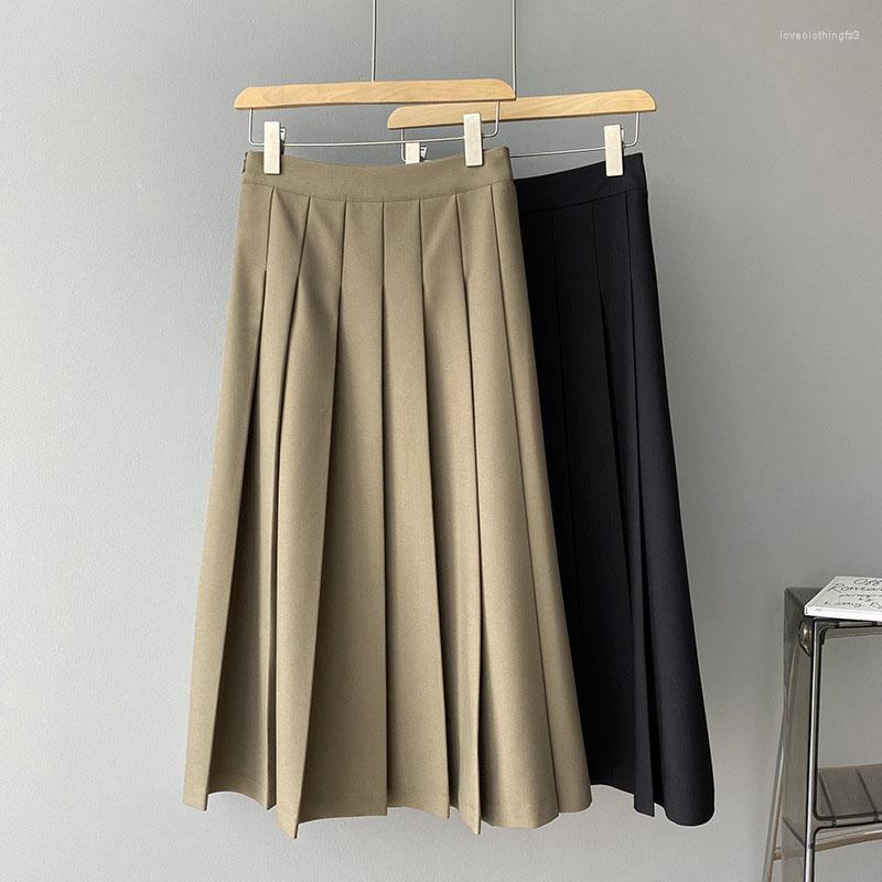 

Skirts 2023 Summer High Waist Fashion Girls Khaki A Line Midi Skirt Streetwear Women Pleated B015, Black
