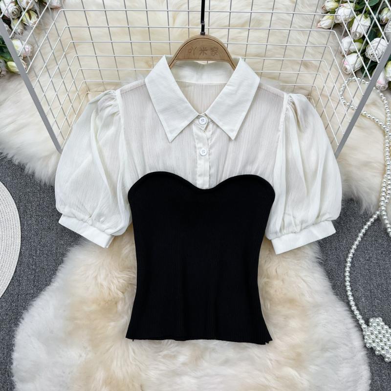 

Women's Blouses Fake Two Pieces Stitching Design Sense Short Sleeve Shirt For Women 2023 Summer Polo Collar Slim Fashion Female Top DF546, White