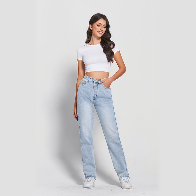 

Solid color jeans, high waisted straight tube jeans, wholesale by manufacturers, versatile women's clothing, European and American women's fashion trends LightBlue