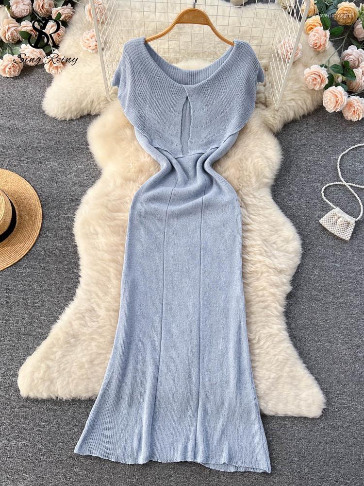 

Casual Dresses SINGREINY Summer Korean Fashion Women Elegant Ruffles Design Solid V Neck Sheath 2023 Party Sexy Long Fashtail Dress, Blue