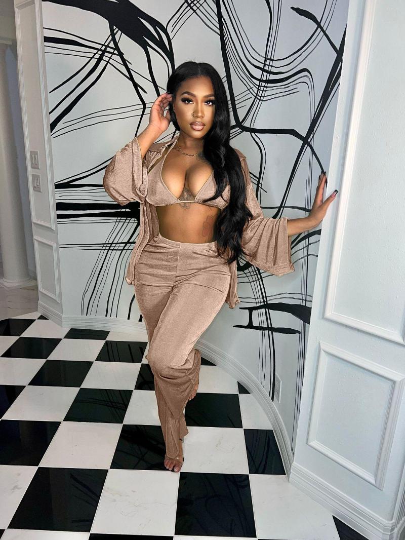 

Women' Two Piece Pants Golden Velvet Three Long Sleeved Coats Sexy Vest Crop Top With Wide Leg Fashion Women' Clothing Autumn Winter, Black