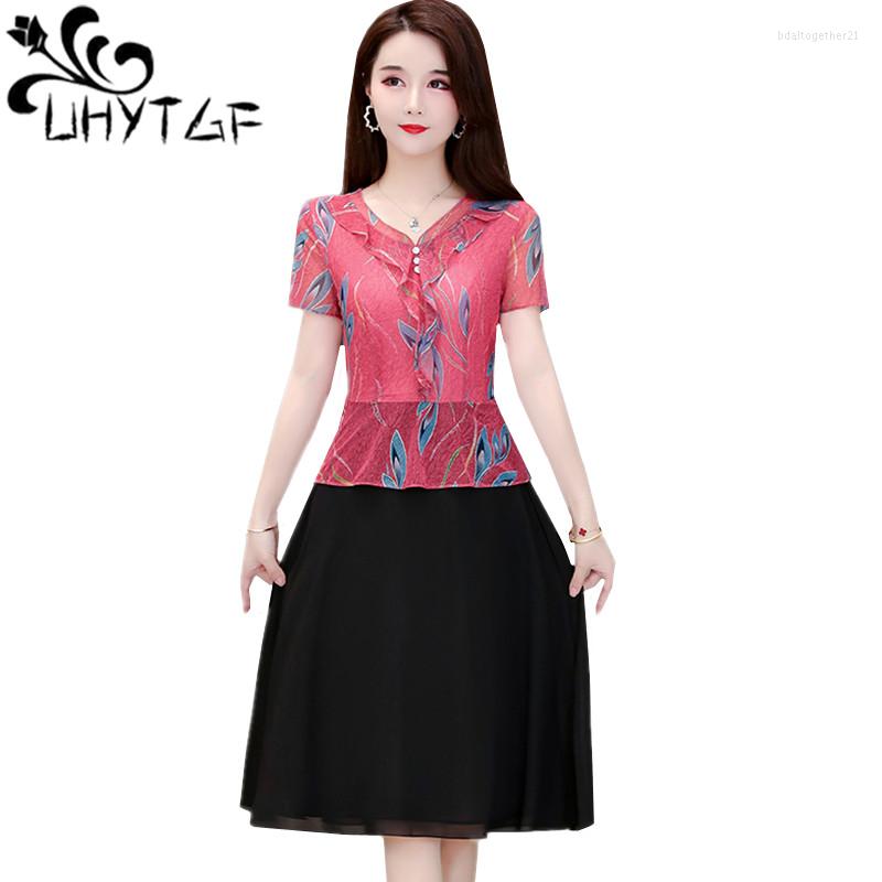 

Party Dresses UHYTGF Womens Summer Dress Fashion Printed Chiffon Fake Two-piece Elegant Short-sleeved Korean Loose Big Size 829, Pink