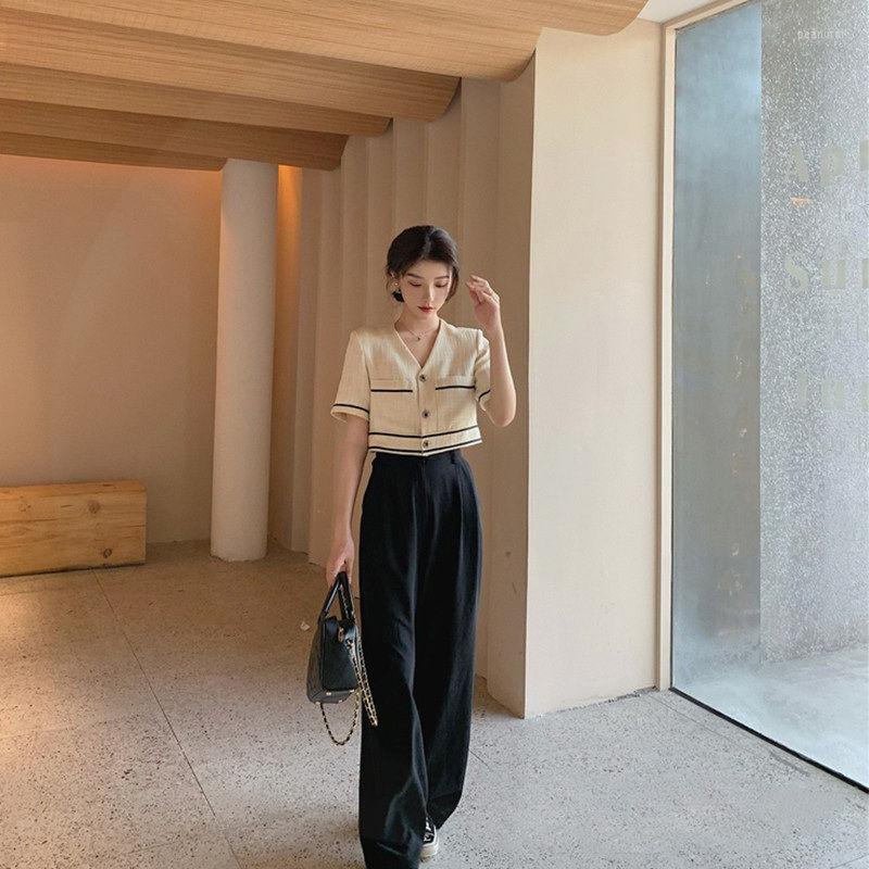 

Women' Two Piece Pants Summer French Short-Sleeved Blouse Western Style High-Quality Casual Wide-Leg Suits Female, Apricot
