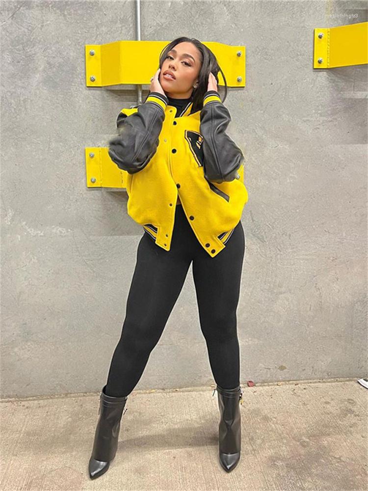 

Women' Jackets Baseball Fall Outfits Buttons For Women 2023 Baggy Top Coats Varsity Bomber Long Faux Pu Leather Sleeve Jacket, Yellow
