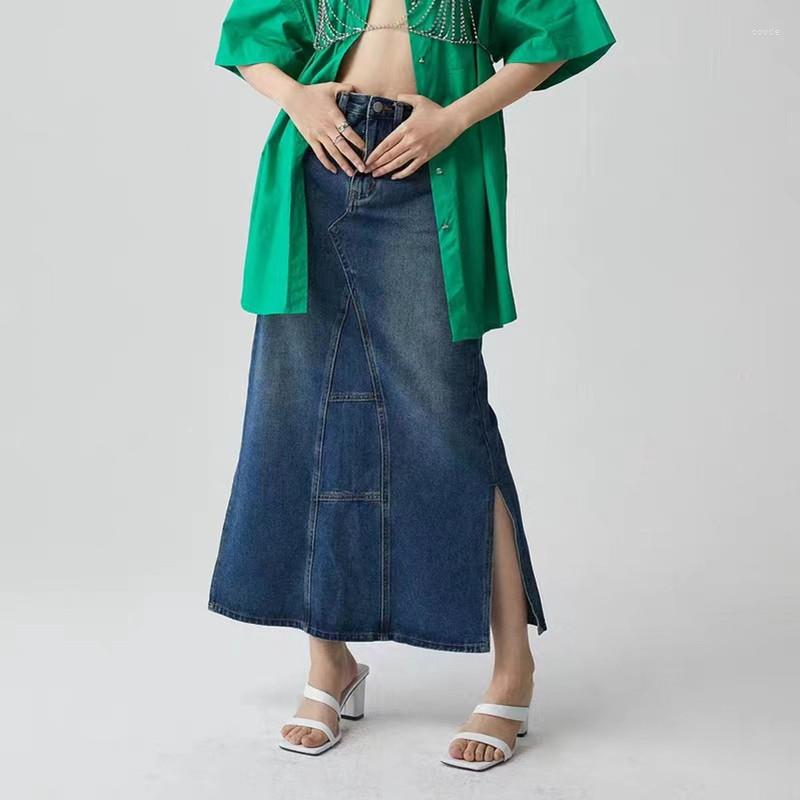 

Skirts Vintage Blue Jeans High Waist Split Denim Women A-line Mid-long Skirt Female Jupe 9503