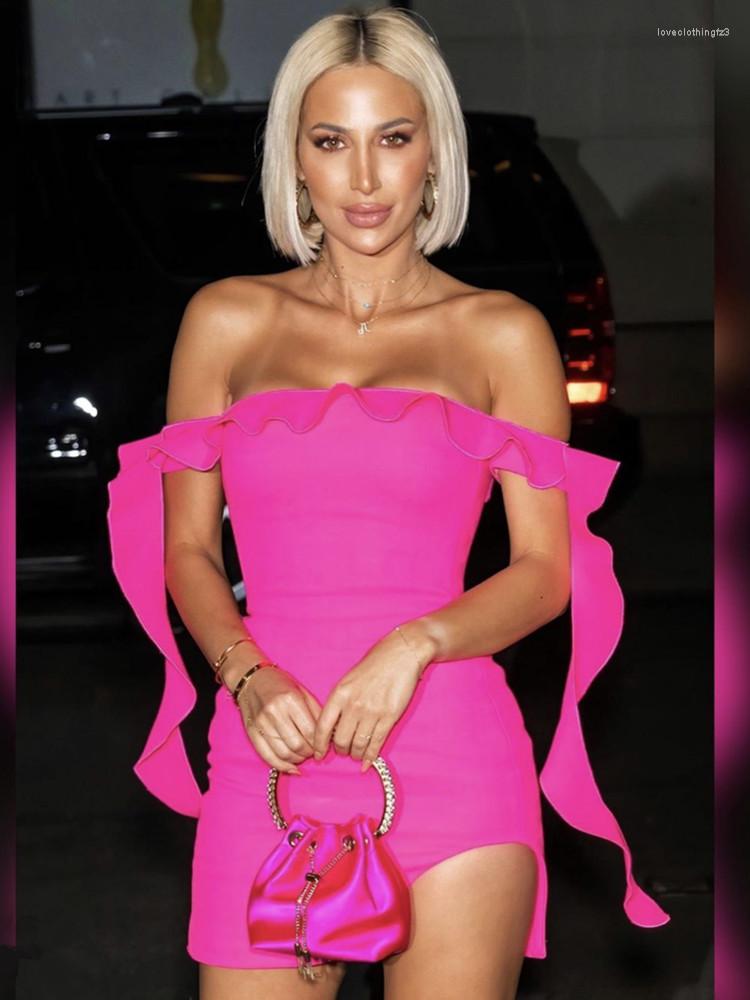 

Casual Dresses Summer Fashion Women Sexy Off Shoulder Ruffles Pink Mini Bandage Dress 2023 Elegant Evening Club Party, Fuchsia
