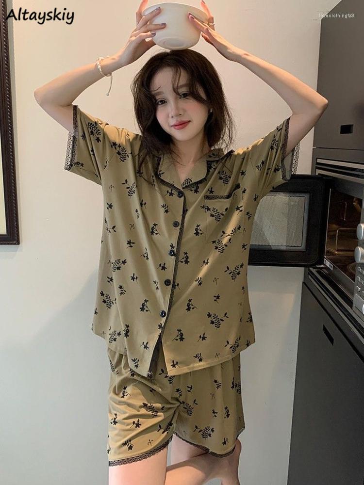 

Women's Sleepwear Printing Pajama Sets Women Vintage Loose Summer Chic Breathable Korean Style Fashion Ulzzang Temperament Ladies Casual, Vintage green