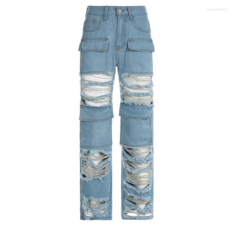 

Women' Jeans 2023 Women Fahion Beggars Wind Ripped Edge Stitching Design Hole Straight Pants, Blue