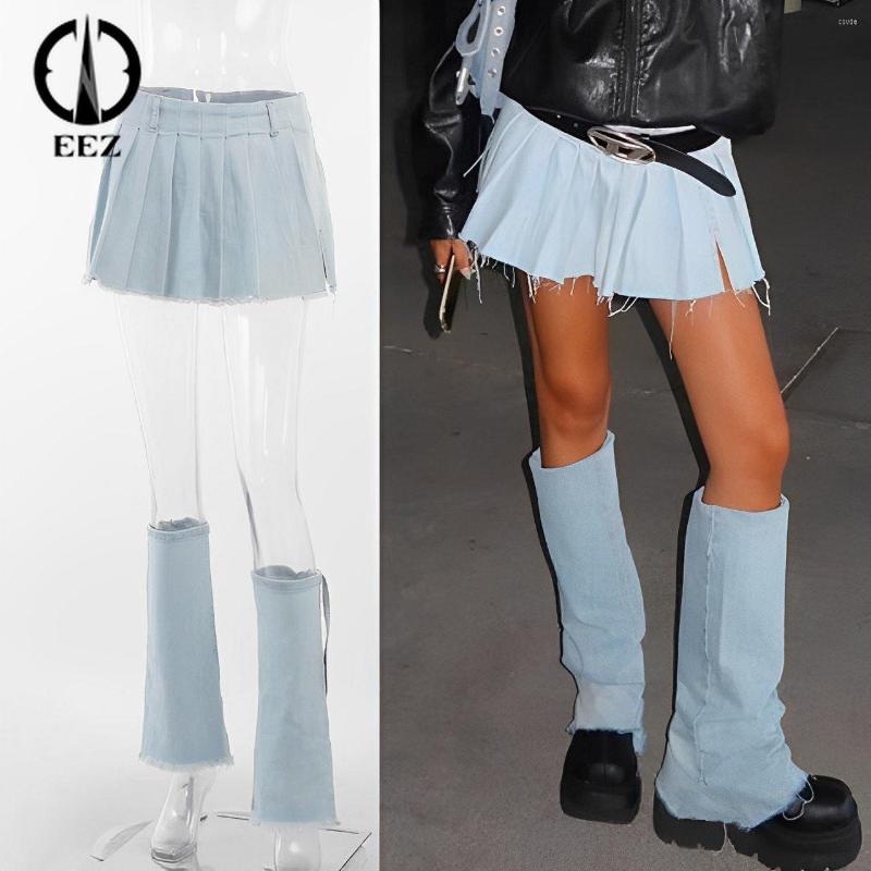 

Skirts Retro Blue Denim Pleated Skirt With Trouser Leg Trendy Women Personality Ins Versatile Schoolgirl Sexy Mini Streetwear, Sky blue