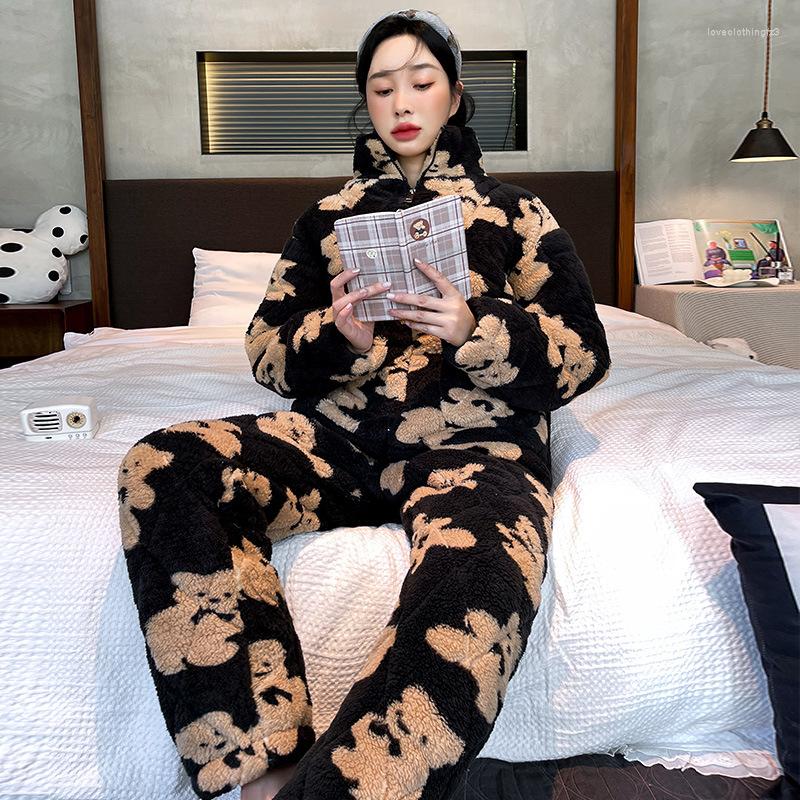 

Women's Sleepwear 2023 Winter Wight Wuit For Women Pajamas Thick Coral Fleece Korean Style Cute Warm Velvet Ladies Home Service Suit, Black