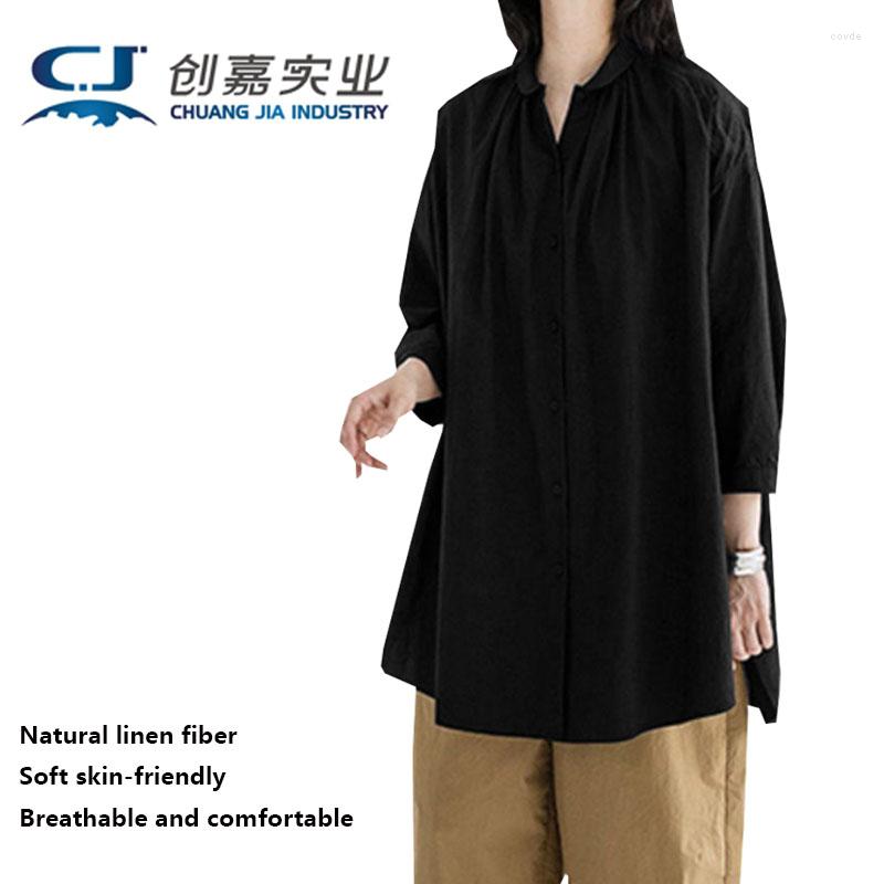 

Women's Blouses Linen Spring Autumn Women's Mid-length Lapel Loose Temperament Cardigan Seven-point Sleeve Shirt Retro Elegant Top, Beige