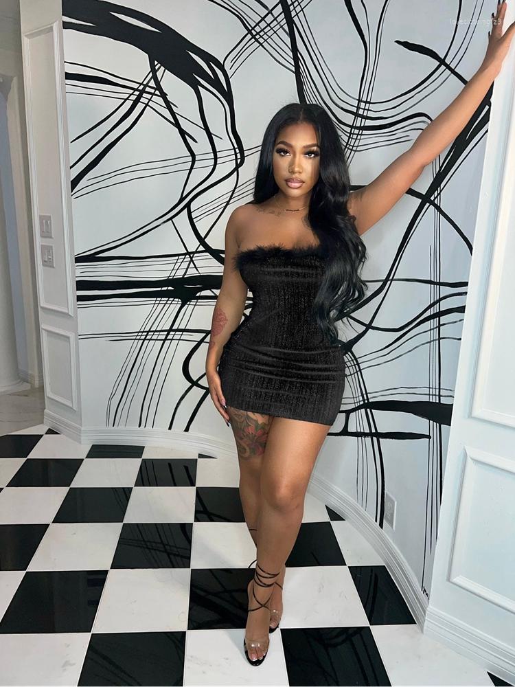 

Casual Dresses HAOYUAN Velvet Feather Glitter Strapless Short Night Party Club Cute Outfits For Women 2023 Backless Bodycon Mini Dress, Black