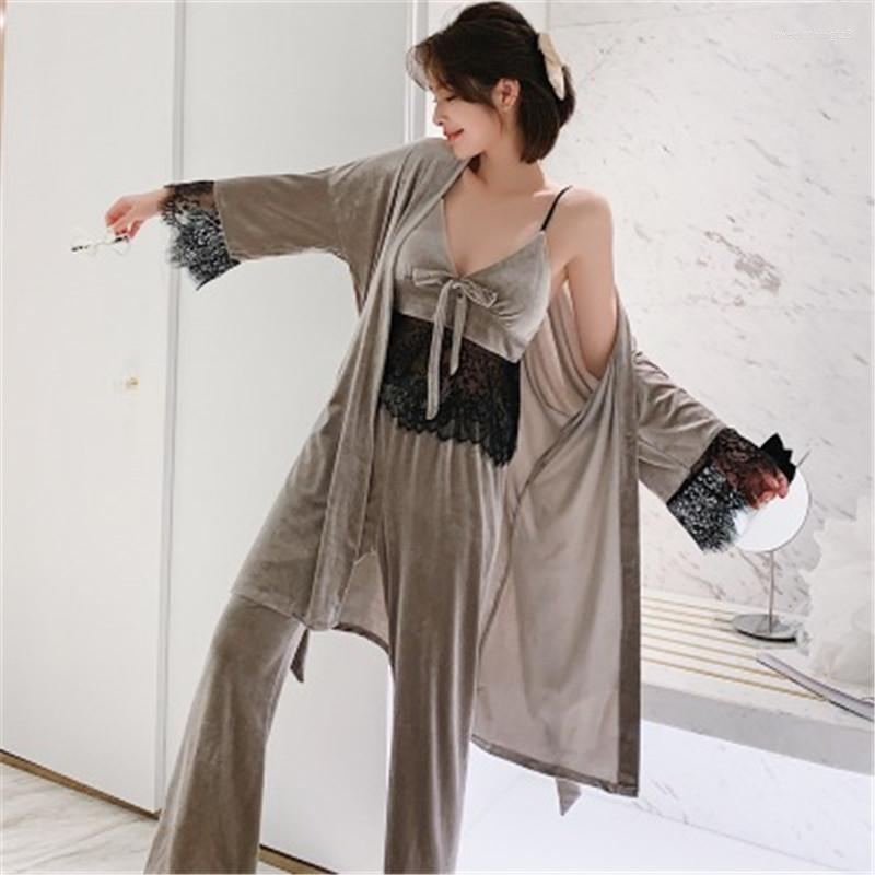 

Women's Sleepwear Daeyard Velvet Pajamas Set Women Sexy Lace Trimmed Cami Pants Bow-Knot Pyjamas Autumn Winter 3 Pieces Home Clothes, Green