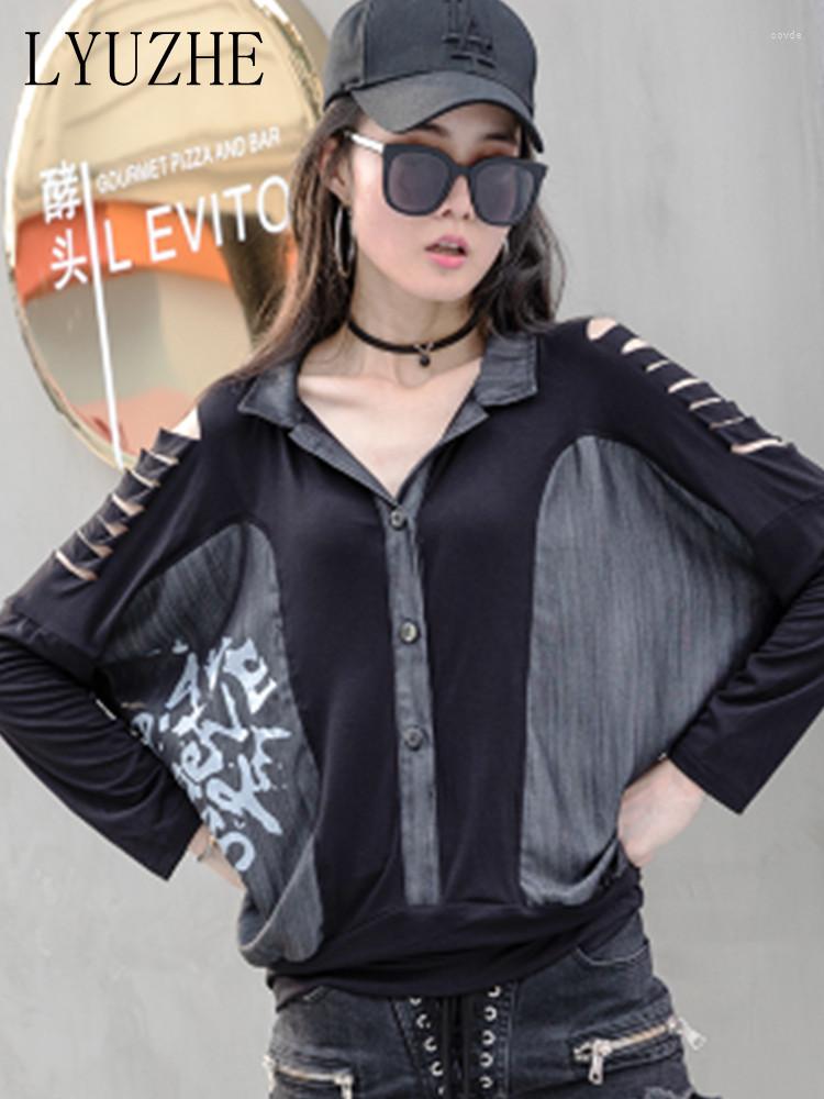 

Women's T Shirts LYUZHE 2023 Spring Autumn Personalized Long Sleeve Casual Black T-shirt Women Loose Fashion Sweater Classic Print Top