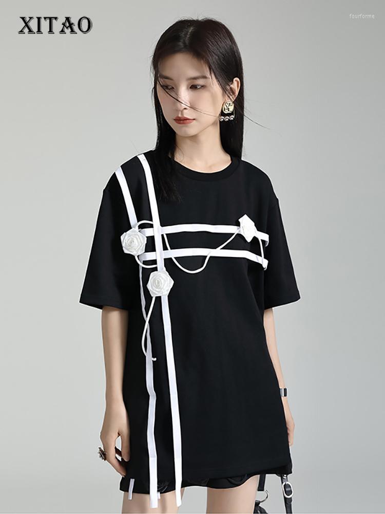

Women' T Shirts XITAO Three-dimensional Decoration Dress Patchwork O-neck Pullover 2023 Summer Arrival Casual Fashion All Match DMJ1060, Black dmj1060