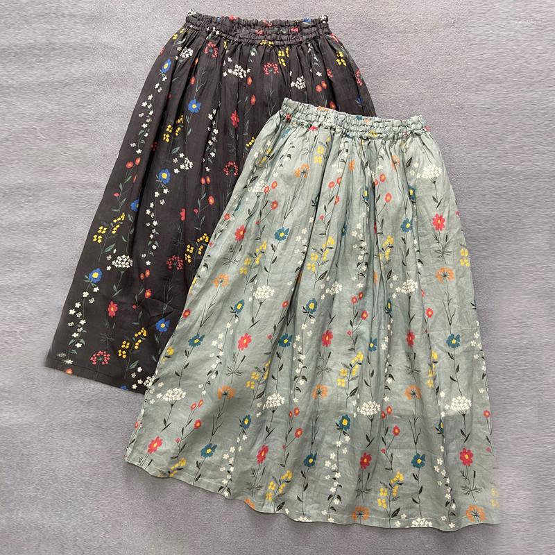 

Skirts Johnature 2023 Summer Vintage Embroidery Floral Women Mori Linen Loose Elastic Waist Female, Black