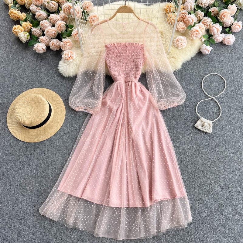 

Casual Dresses 2023 Spring And Autumn O- Collar Puff Sleeve Beach Midi Dress Women Elegant Sweet Slim PinkBlue Cupcake Mesh, Black