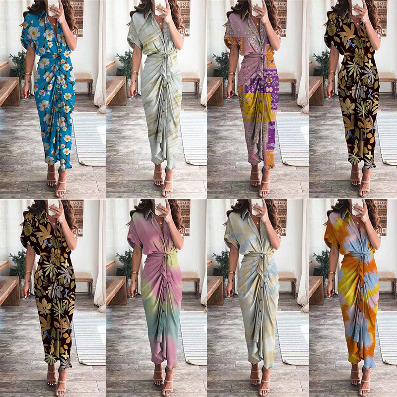 

casual dresses woman dress Summer Elegant Button Ruched Bandage Shirt Dresses Fashion Short Sleeve Solid V Neck Beach Maxi designer blouse, Customize