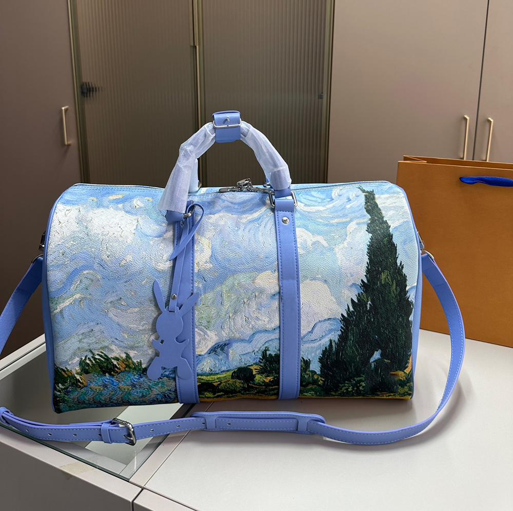 

Fashion Large Travel Bags Leather Shoulder Bags Handbags Luxury Women and Men Duffel Bags Art Designer Travel Totes with Lock 45CM, Blue