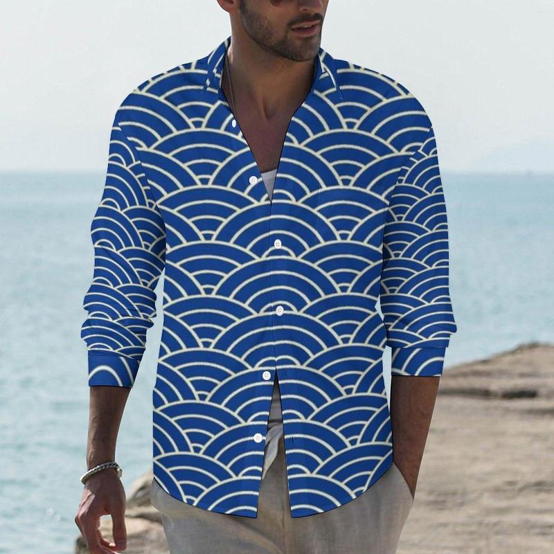 

Men' Casual Shirts Blue Seigaiha Print Funny Shirt Men Japanese Waves Spring Fashion Blouses Long Sleeve Pattern Oversize Clothing, Style-21