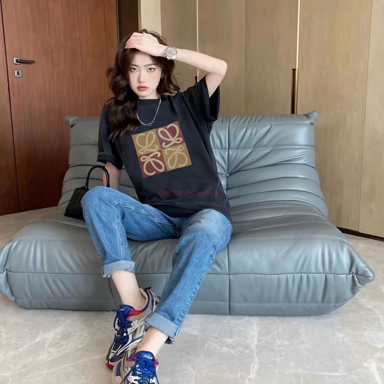 

Designer Fashion Clothing Tees Tshirts Loewe Spring and Summer New Hemp Rope Letter Square Print Round Neck Short Sleeve Tshirt for Men Women Luxury Casual Streetwea, Black