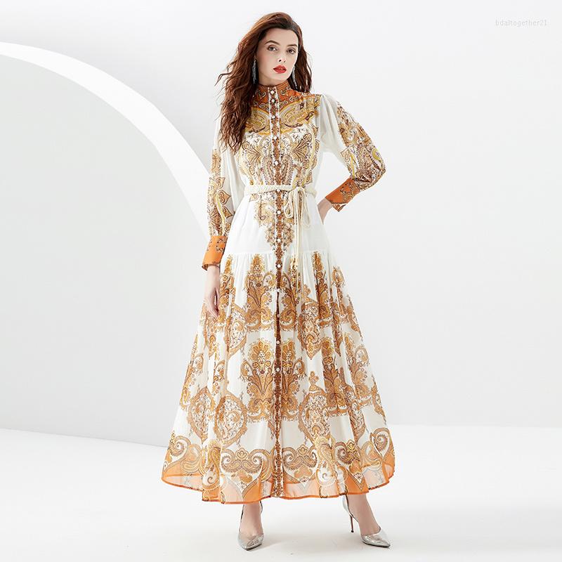 

Casual Dresses Fashion Print Stand Collar Long Sleeve Women Party Dress Festival Demure Elegant Temperament Belt Tunic Maxi G910, Yellow