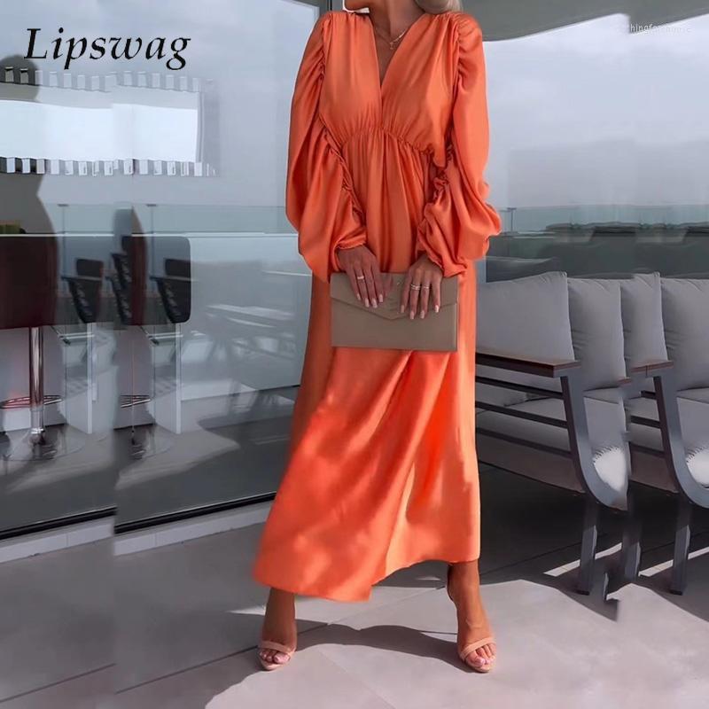 

Casual Dresses Elegant Ladies Solid Color Loose Dress Fashion Satin Pleated Lantern Long Sleeve Women V Neck Waisted Big Hem, 04 green