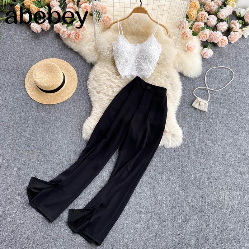 

Women's Two Piece Pants Women Summer Korean Fashion Solid Set Sexy Sleeveless Strap Short Tops High Waist Wide Leg Long Suits, Black