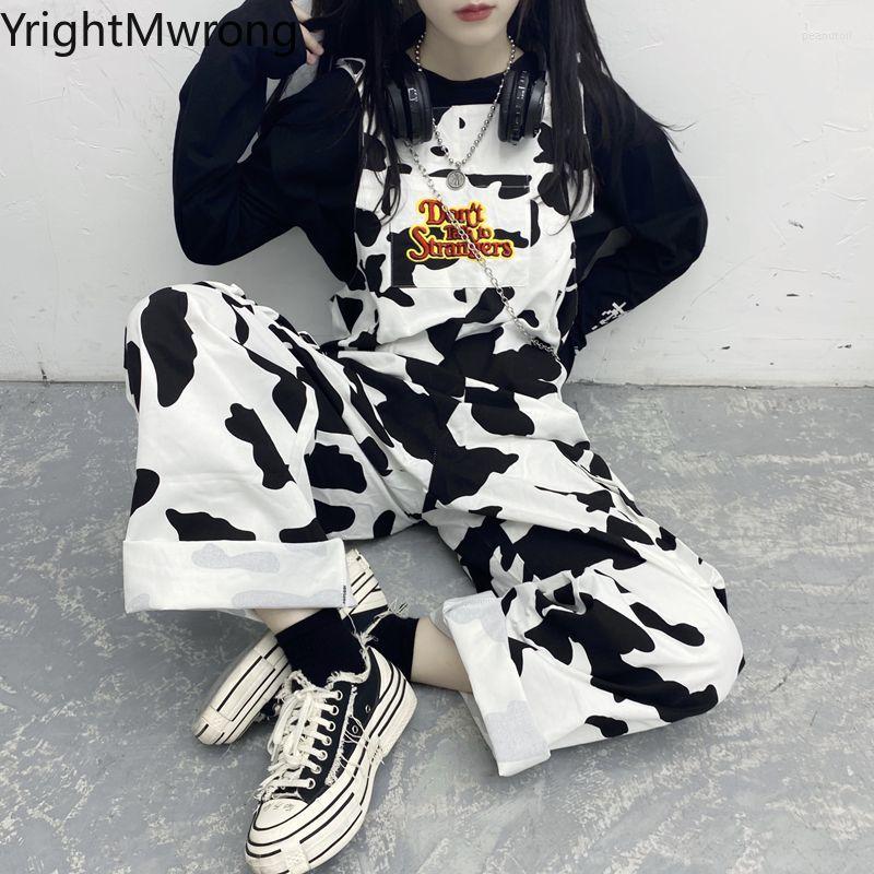 

Women' Pants Summer Cute Cow Dot Letter Side Pocket Overalls Pant Women Student Trouser Loose Straight Romper Harajuku Jumpsuit Korean Kpop, As photo 1 cow