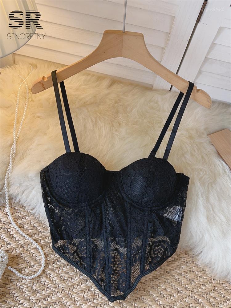 

Women' Tanks SINGREINY Black Women Lace Camisole Backless Summer French Hollow Out Design Strap Ladies Fashion Streetwear Sexy Crop Tops