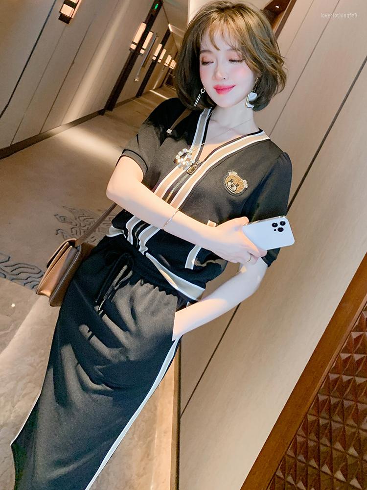 

Work Dresses Top Quality Contrast Stripe Zipper Front V-neck Jacket Elastic High Waist Skirt Suit Women' Summer Style, Black